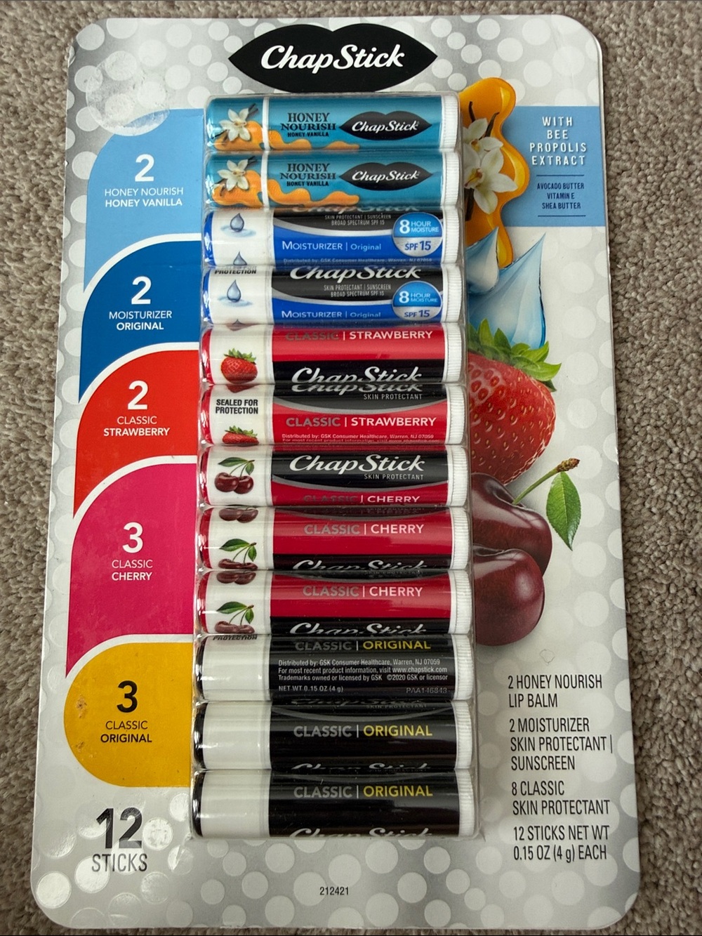 Chap Stick Brand Assorted Lip Balm Pack - White, Blue, Red, Yellow (12 Pack)